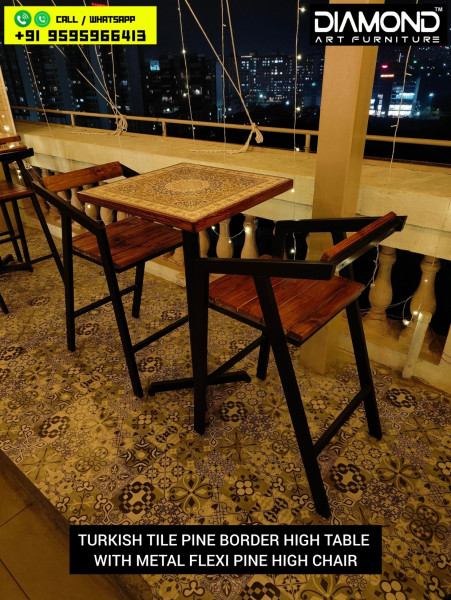Turkish tile Pine Border High Table & metal Flexi Pine High Chair